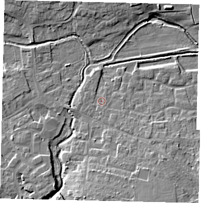 Shaded relief map of the ground around SG175AD, computed from Environment Agency LiDAR. The ground here sits at about 38 m above sea level and falls 11 m across the surrounding 800 m. Surface water reaching this point runs off ground lying to the south-south-west, 0.8 m higher.