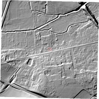 Shaded relief map of the ground around SG175BB, computed from Environment Agency LiDAR. The ground here sits at about 39 m above sea level and falls 11 m across the surrounding 800 m. Surface water reaching this point runs off ground lying to the south-west, 1.8 m higher.