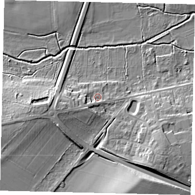 Shaded relief map of the ground around SG175BH, computed from Environment Agency LiDAR. The ground here sits at about 42 m above sea level and falls 13 m across the surrounding 800 m. Surface water reaching this point runs off ground lying to the west-south-west, 4.2 m higher.