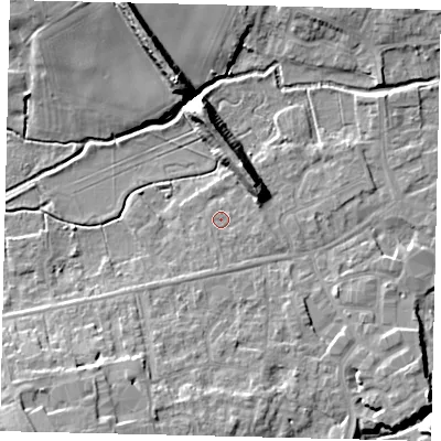 Shaded relief map of the ground around SG175BX, computed from Environment Agency LiDAR. The ground here sits at about 39 m above sea level and falls 12 m across the surrounding 800 m. Surface water reaching this point runs off ground lying to the east-south-east, 0.8 m higher.