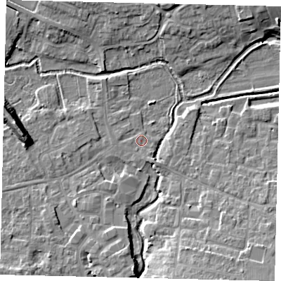 Shaded relief map of the ground around SG175DA, computed from Environment Agency LiDAR. The ground here sits at about 38 m above sea level and falls 12 m across the surrounding 800 m. Surface water reaching this point runs off ground lying to the south-south-east, 1.3 m higher.