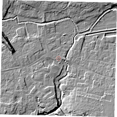 Shaded relief map of the ground around SG175DB, computed from Environment Agency LiDAR. The ground here sits at about 38 m above sea level and falls 12 m across the surrounding 800 m. Surface water reaching this point runs off ground lying to the west, 0.6 m higher.