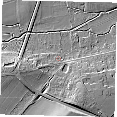 Shaded relief map of the ground around SG175DF, computed from Environment Agency LiDAR. The ground here sits at about 41 m above sea level and falls 13 m across the surrounding 800 m. Surface water reaching this point runs off ground lying to the south, 1.6 m higher.