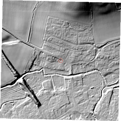 Shaded relief map of the ground around SG175DJ, computed from Environment Agency LiDAR. The ground here sits at about 39 m above sea level and falls 31 m across the surrounding 800 m. Surface water reaching this point runs off ground lying to the north-north-east, 25.2 m higher.