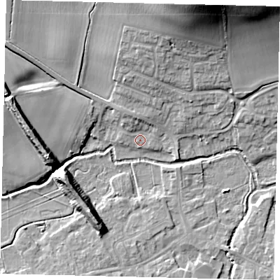 Shaded relief map of the ground around SG175DP, computed from Environment Agency LiDAR. The ground here sits at about 39 m above sea level and falls 25 m across the surrounding 800 m. Surface water reaching this point runs off ground lying to the north, 2.9 m higher.