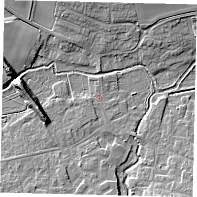 Shaded relief map of the ground around SG175DQ, computed from Environment Agency LiDAR. The ground here sits at about 38 m above sea level and falls 13 m across the surrounding 800 m. Surface water reaching this point runs off ground lying to the south-west, 3.4 m higher.