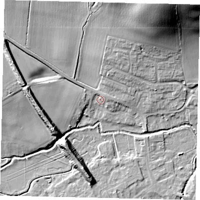 Shaded relief map of the ground around SG175DR, computed from Environment Agency LiDAR. The ground here sits at about 40 m above sea level and falls 34 m across the surrounding 800 m. Surface water reaching this point runs off ground lying to the north-east, 2.0 m higher.