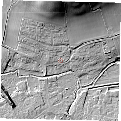 Shaded relief map of the ground around SG175DS, computed from Environment Agency LiDAR. The ground here sits at about 40 m above sea level and falls 34 m across the surrounding 800 m. Surface water reaching this point runs off ground lying to the north, 29.1 m higher.