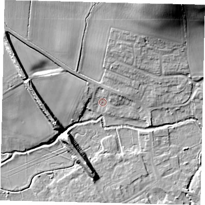Shaded relief map of the ground around SG175DW, computed from Environment Agency LiDAR. The ground here sits at about 39 m above sea level and falls 30 m across the surrounding 800 m. Surface water reaching this point runs off ground lying to the north-north-east, 3.2 m higher.