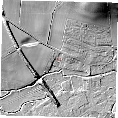 Shaded relief map of the ground around SG175DY, computed from Environment Agency LiDAR. The ground here sits at about 39 m above sea level and falls 32 m across the surrounding 800 m. Surface water reaching this point runs off ground lying to the north-west, 11.2 m higher.