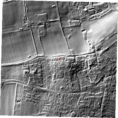 Shaded relief map of the ground around SG175EH, computed from Environment Agency LiDAR. The ground here sits at about 44 m above sea level and falls 18 m across the surrounding 800 m. Surface water reaching this point runs off ground lying to the south-east, 3.6 m higher.