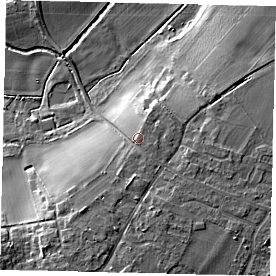 Shaded relief map of the ground around SG175EU, computed from Environment Agency LiDAR. The ground here sits at about 43 m above sea level and falls 15 m across the surrounding 800 m. Surface water reaching this point runs off ground lying to the south-east, 1.8 m higher.