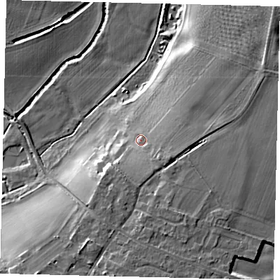 Shaded relief map of the ground around SG175EX, computed from Environment Agency LiDAR. The ground here sits at about 39 m above sea level and falls 15 m across the surrounding 800 m. Surface water reaching this point runs off ground lying to the south-east, 3.8 m higher.