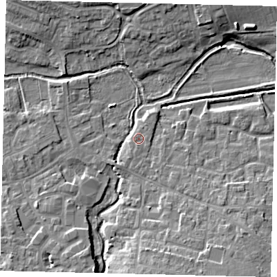Shaded relief map of the ground around SG175FQ, computed from Environment Agency LiDAR. The ground here sits at about 39 m above sea level and falls 10 m across the surrounding 800 m. Surface water reaching this point runs off ground lying to the south-south-west, 0.9 m higher.