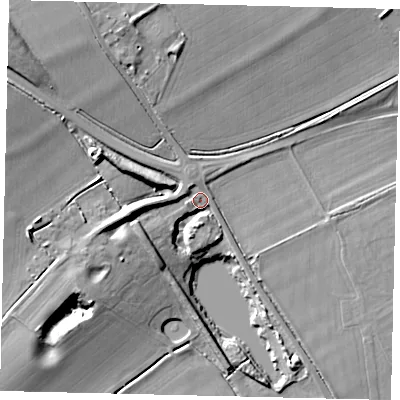 Shaded relief map of the ground around SG175JF, computed from Environment Agency LiDAR. The ground here sits at about 53 m above sea level and falls 17 m across the surrounding 800 m. Surface water reaching this point runs off ground lying to the north-west, 11.3 m higher.