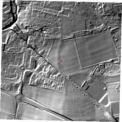 Shaded relief map of the ground around SG175JS, computed from Environment Agency LiDAR. The ground here sits at about 49 m above sea level and falls 29 m across the surrounding 800 m. Surface water reaching this point runs off ground lying to the south-south-east, 3.1 m higher.