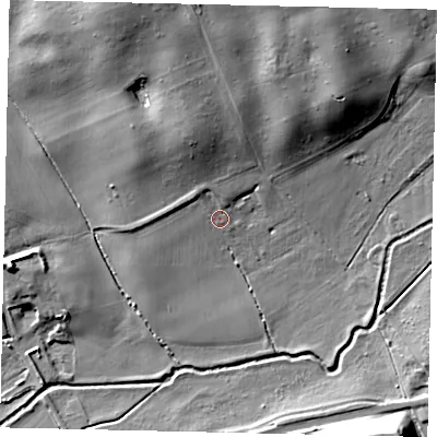 Shaded relief map of the ground around SG175PL, computed from Environment Agency LiDAR. The ground here sits at about 48 m above sea level and falls 21 m across the surrounding 800 m. Surface water reaching this point runs off ground lying to the north-west, 3.3 m higher.