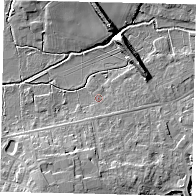 Shaded relief map of the ground around SG175PU, computed from Environment Agency LiDAR. The ground here sits at about 39 m above sea level and falls 12 m across the surrounding 800 m. Surface water reaching this point runs off ground lying to the south-east, 1.5 m higher.