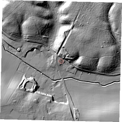 Shaded relief map of the ground around SG175QB, computed from Environment Agency LiDAR. The ground here sits at about 52 m above sea level and falls 28 m across the surrounding 800 m. Surface water reaching this point runs off ground lying to the north-north-east, 14.7 m higher.