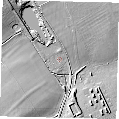 Shaded relief map of the ground around SG175TE, computed from Environment Agency LiDAR. The ground here sits at about 48 m above sea level and falls 11 m across the surrounding 800 m. Surface water reaching this point runs off ground lying to the north-west, 10.6 m higher.