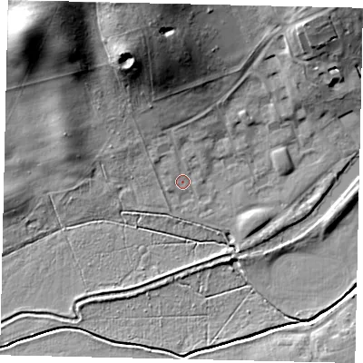 Shaded relief map of the ground around SG175XH, computed from Environment Agency LiDAR. The ground here sits at about 44 m above sea level and falls 28 m across the surrounding 800 m. Surface water reaching this point runs off ground lying to the north-north-west, 19.8 m higher.