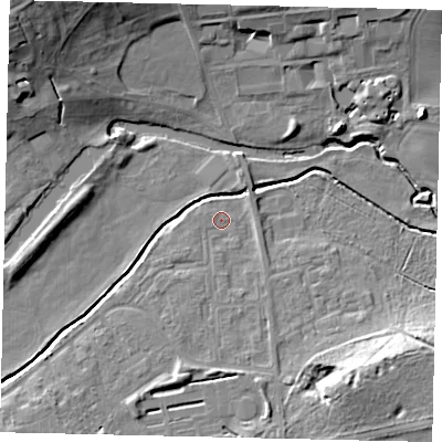 Shaded relief map of the ground around SG175XT, computed from Environment Agency LiDAR. The ground here sits at about 41 m above sea level and falls 18 m across the surrounding 800 m. Surface water reaching this point runs off ground lying to the south-south-east, 5.6 m higher.