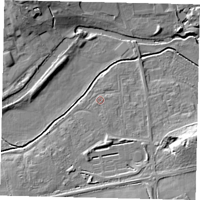 Shaded relief map of the ground around SG175XX, computed from Environment Agency LiDAR. The ground here sits at about 42 m above sea level and falls 13 m across the surrounding 800 m. Surface water reaching this point runs off ground lying to the south-south-east, 0.6 m higher.