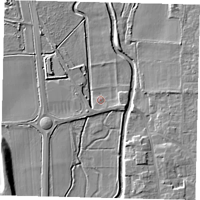 Shaded relief map of the ground around SG180AB, computed from Environment Agency LiDAR. The ground here sits at about 27 m above sea level and falls 9 m across the surrounding 800 m. Surface water reaching this point runs off ground lying to the east-south-east, 2.8 m higher.