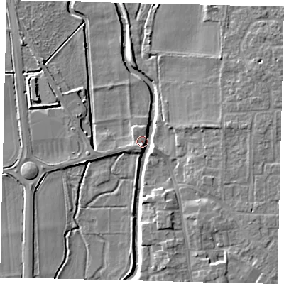 Shaded relief map of the ground around SG180AE, computed from Environment Agency LiDAR. The ground here sits at about 27 m above sea level and falls 7 m across the surrounding 800 m. Surface water reaching this point runs off ground lying to the south-south-east, 6.4 m higher.