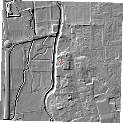 Shaded relief map of the ground around SG180AG, computed from Environment Agency LiDAR. The ground here sits at about 30 m above sea level and falls 7 m across the surrounding 800 m. Surface water reaching this point runs off ground lying to the south-east, 2.0 m higher.