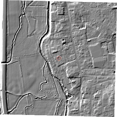 Shaded relief map of the ground around SG180AN, computed from Environment Agency LiDAR. The ground here sits at about 28 m above sea level and falls 9 m across the surrounding 800 m. Surface water reaching this point runs off ground lying to the north-east, 0.9 m higher.