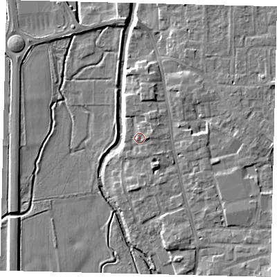 Shaded relief map of the ground around SG180AW, computed from Environment Agency LiDAR. The ground here sits at about 30 m above sea level and falls 9 m across the surrounding 800 m. Surface water reaching this point runs off ground lying to the east, 2.2 m higher.