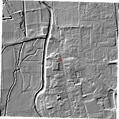 Shaded relief map of the ground around SG180BB, computed from Environment Agency LiDAR. The ground here sits at about 29 m above sea level and falls 10 m across the surrounding 800 m. Surface water reaching this point runs off ground lying to the east-south-east, 4.5 m higher.