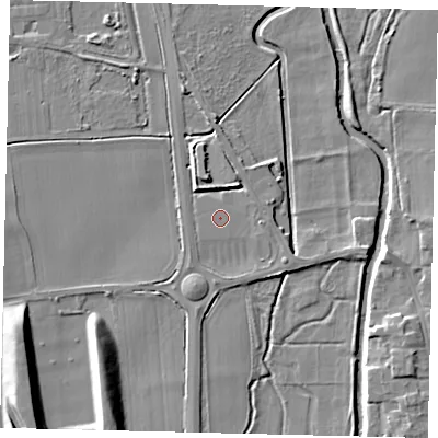 Shaded relief map of the ground around SG180NA, computed from Environment Agency LiDAR. The ground here sits at about 27 m above sea level and falls 11 m across the surrounding 800 m. The ground contributing surface water to this point lies to the west.