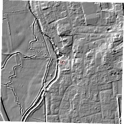 Shaded relief map of the ground around SG188AZ, computed from Environment Agency LiDAR. The ground here sits at about 28 m above sea level and falls 10 m across the surrounding 800 m. Surface water reaching this point runs off ground lying to the south-south-east, 3.3 m higher.