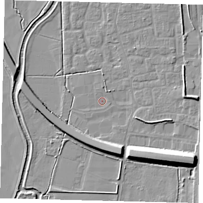 Shaded relief map of the ground around SG188BN, computed from Environment Agency LiDAR. The ground here sits at about 28 m above sea level and falls 12 m across the surrounding 800 m. Surface water reaching this point runs off ground lying to the north, 0.9 m higher.