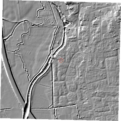 Shaded relief map of the ground around SG188DU, computed from Environment Agency LiDAR. The ground here sits at about 29 m above sea level and falls 10 m across the surrounding 800 m. Surface water reaching this point runs off ground lying to the north, 1.5 m higher.