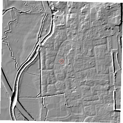 Shaded relief map of the ground around SG188DX, computed from Environment Agency LiDAR. The ground here sits at about 28 m above sea level and falls 10 m across the surrounding 800 m. Surface water reaching this point runs off ground lying to the north-east, 1.9 m higher.