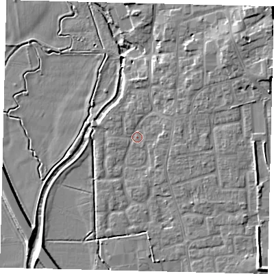 Shaded relief map of the ground around SG188DZ, computed from Environment Agency LiDAR. The ground here sits at about 29 m above sea level and falls 10 m across the surrounding 800 m. Surface water reaching this point runs off ground lying to the east, 1.7 m higher.