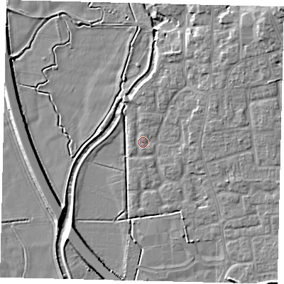 Shaded relief map of the ground around SG188EA, computed from Environment Agency LiDAR. The ground here sits at about 28 m above sea level and falls 10 m across the surrounding 800 m. Surface water reaching this point runs off ground lying to the north, 1.6 m higher.