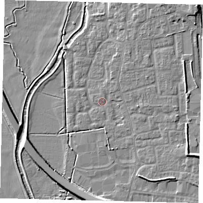 Shaded relief map of the ground around SG188HE, computed from Environment Agency LiDAR. The ground here sits at about 28 m above sea level and falls 9 m across the surrounding 800 m. Surface water reaching this point runs off ground lying to the north-east, 1.9 m higher.