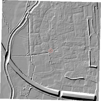 Shaded relief map of the ground around SG188HF, computed from Environment Agency LiDAR. The ground here sits at about 28 m above sea level and falls 12 m across the surrounding 800 m. Surface water reaching this point runs off ground lying to the north-east, 1.2 m higher.