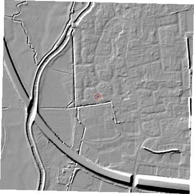 Shaded relief map of the ground around SG188HG, computed from Environment Agency LiDAR. The ground here sits at about 28 m above sea level and falls 12 m across the surrounding 800 m. Surface water reaching this point runs off ground lying to the east-north-east, 0.8 m higher.
