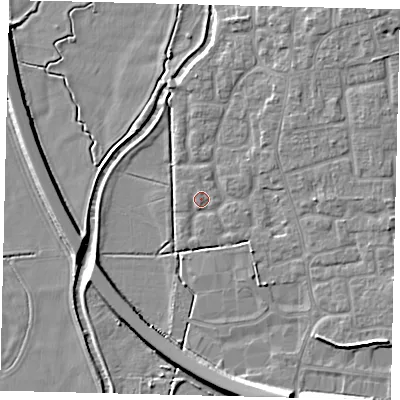 Shaded relief map of the ground around SG188HH, computed from Environment Agency LiDAR. The ground here sits at about 28 m above sea level and falls 9 m across the surrounding 800 m. Surface water reaching this point runs off ground lying to the east-north-east, 2.0 m higher.