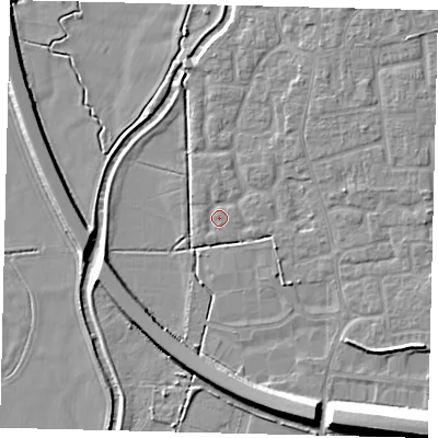 Shaded relief map of the ground around SG188HQ, computed from Environment Agency LiDAR. The ground here sits at about 28 m above sea level and falls 12 m across the surrounding 800 m. Surface water reaching this point runs off ground lying to the north-east, 2.0 m higher.