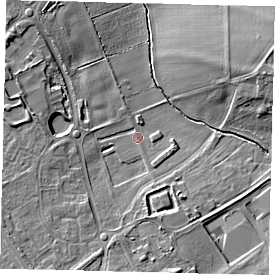Shaded relief map of the ground around SG188YQ, computed from Environment Agency LiDAR. The ground here sits at about 35 m above sea level and falls 12 m across the surrounding 800 m. Surface water reaching this point runs off ground lying to the south, 6.8 m higher.