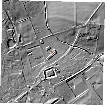 Shaded relief map of the ground around SG188YR, computed from Environment Agency LiDAR. The ground here sits at about 35 m above sea level and falls 13 m across the surrounding 800 m. Surface water reaching this point runs off ground lying to the south-west, 3.7 m higher.