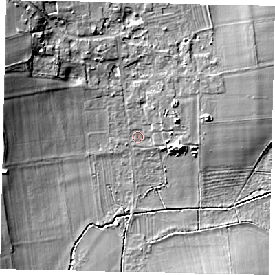 Shaded relief map of the ground around SG189AB, computed from Environment Agency LiDAR. The ground here sits at about 29 m above sea level and falls 15 m across the surrounding 800 m. Surface water reaching this point runs off ground lying to the east-north-east, 4.3 m higher.