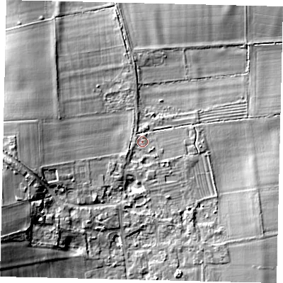 Shaded relief map of the ground around SG189AQ, computed from Environment Agency LiDAR. The ground here sits at about 31 m above sea level and falls 15 m across the surrounding 800 m. Surface water reaching this point runs off ground lying to the south-west, 2.2 m higher.