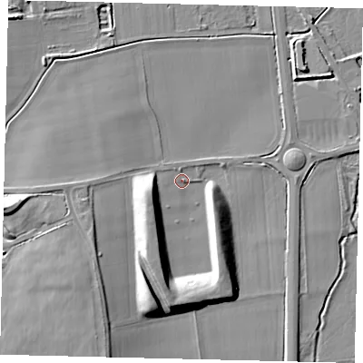 Shaded relief map of the ground around SG189AY, computed from Environment Agency LiDAR. The ground here sits at about 27 m above sea level and falls 10 m across the surrounding 800 m. Surface water reaching this point runs off ground lying to the west-south-west, 8.4 m higher.